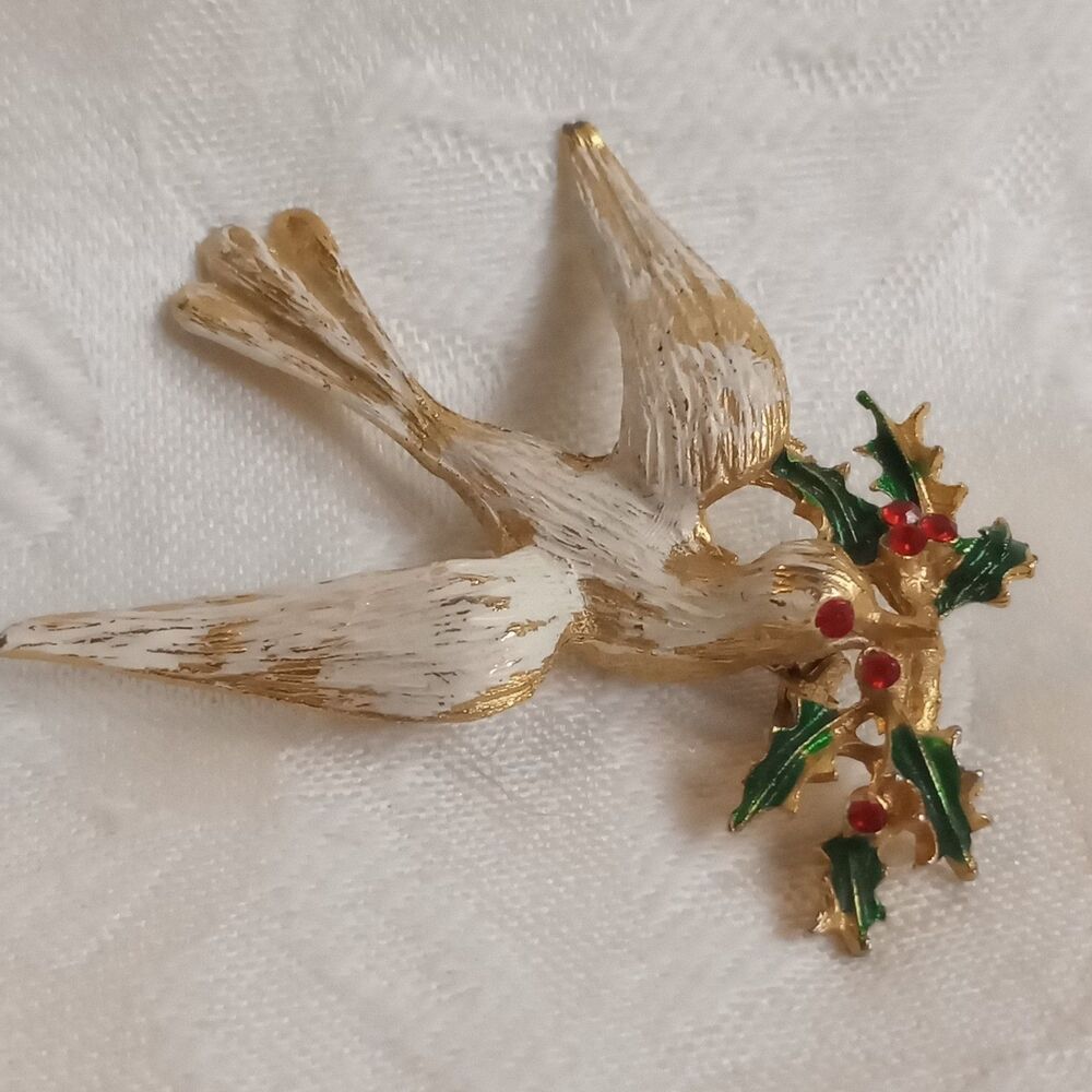 BROOCH GOLDTONE PIN 2" RHINESTONE WHITE red green CHRISTMAS  peace DOVE pin read